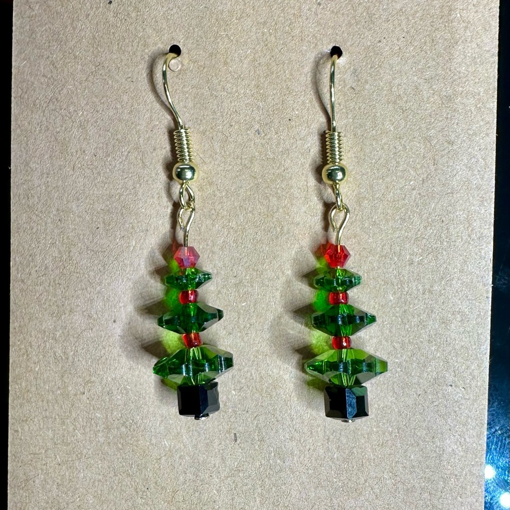 Festive Christmas Tree Crystal Earrings in gold tone
